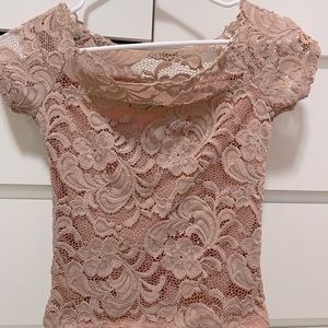 Pretty pink lace off the shoulder crop top